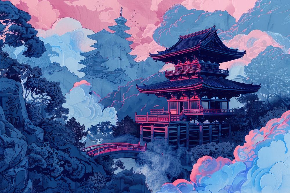 Japanese temple risograph outdoors nature architecture.