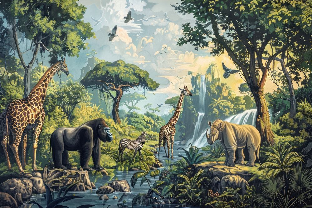 Jungle landscape elephant giraffe jungle.