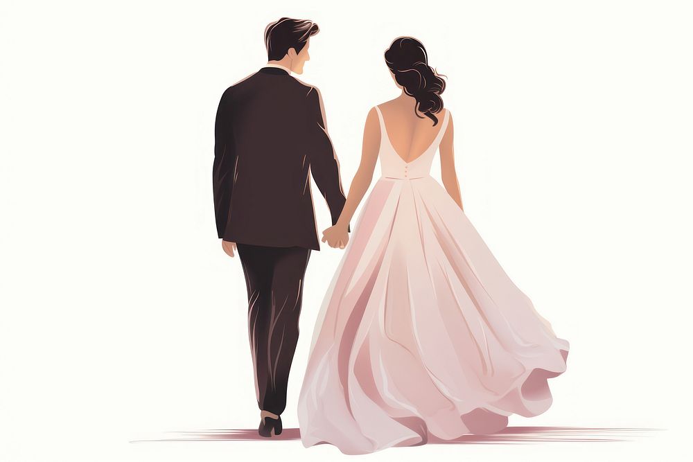 A groom and bride holding hands wedding fashion dress.
