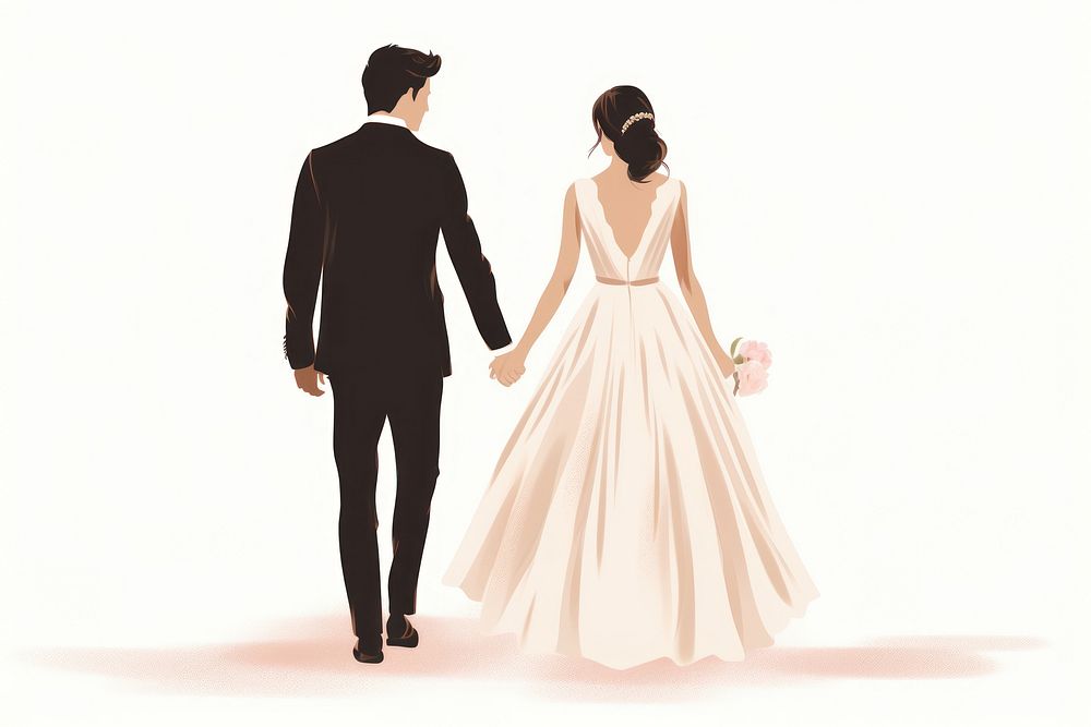 A groom and bride holding hands wedding fashion dress.