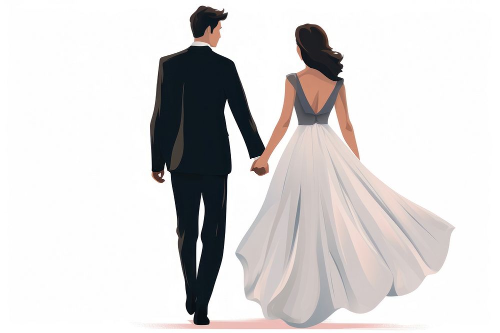 A groom and bride holding hands wedding fashion walking.
