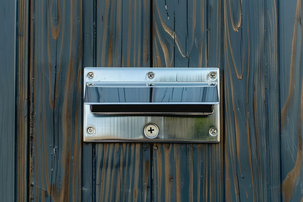 Small box coming through a chrome letterbox on a door backgrounds mailbox day.