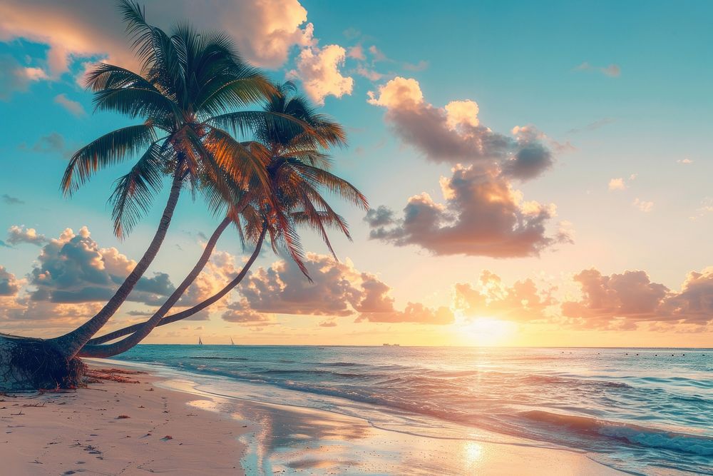 Palm trees on the beach sky sea shoreline.