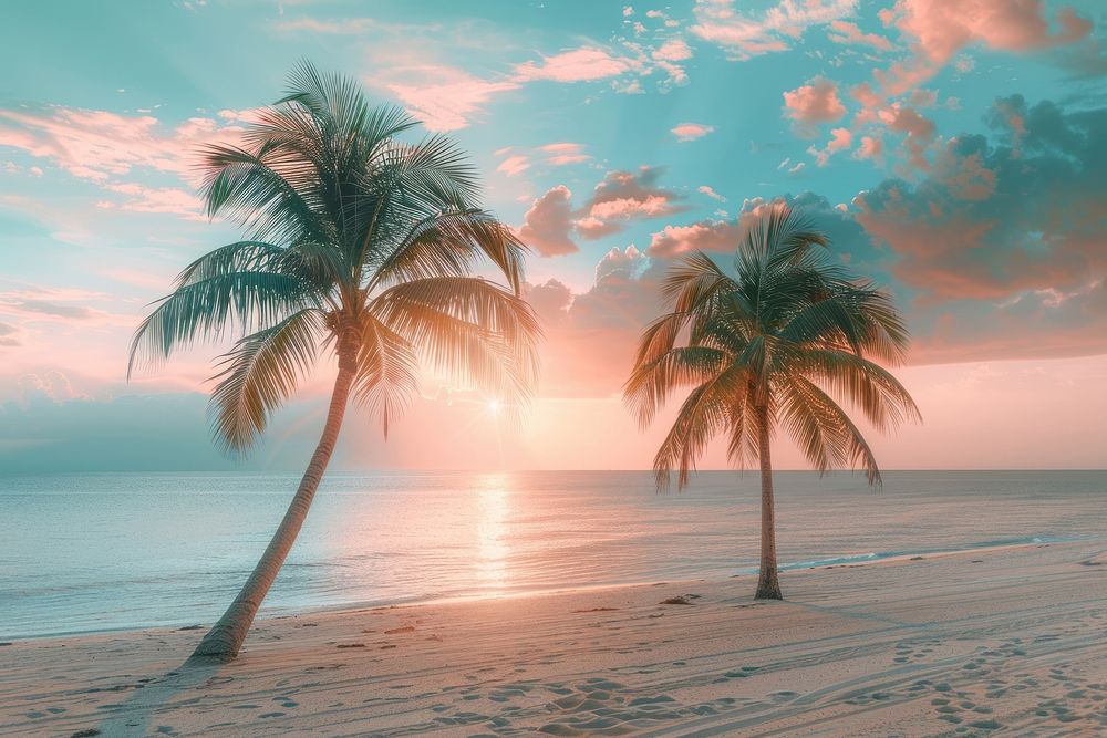 Palm trees on the beach sky sea shoreline.