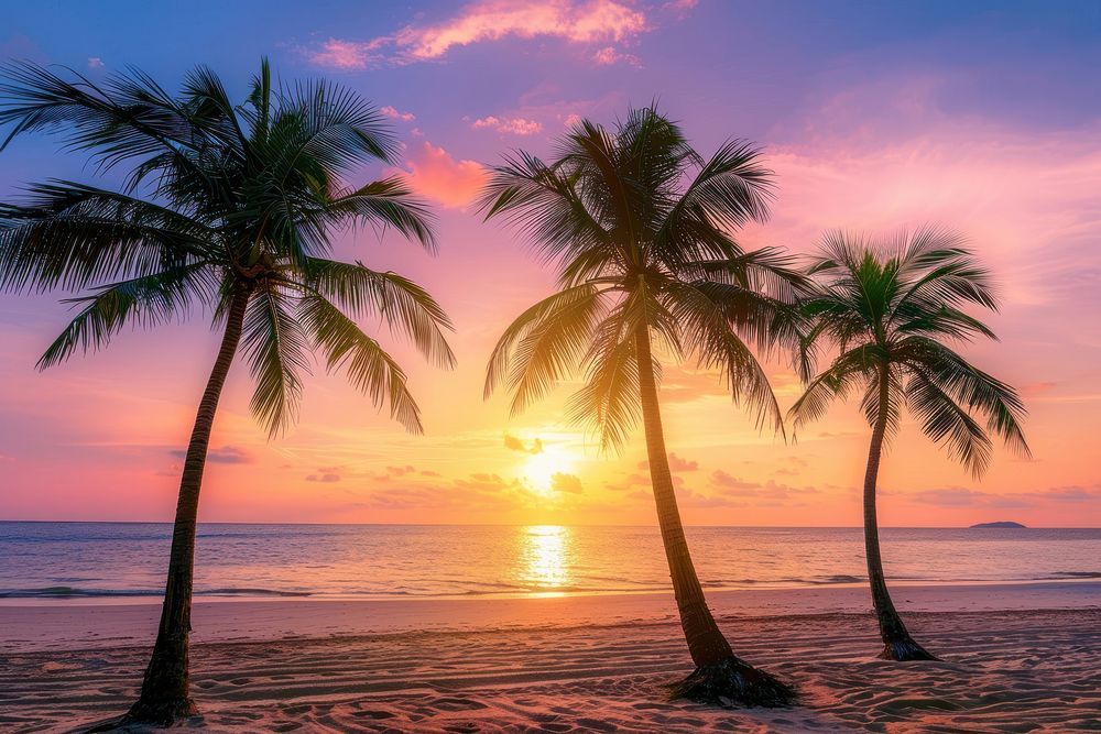 Palm trees on the beach sky sea shoreline.