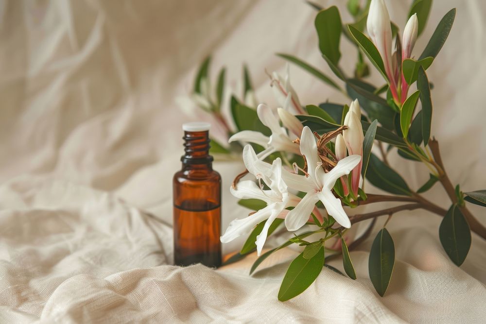 Aromatherapy ingredients flower bottle plant.