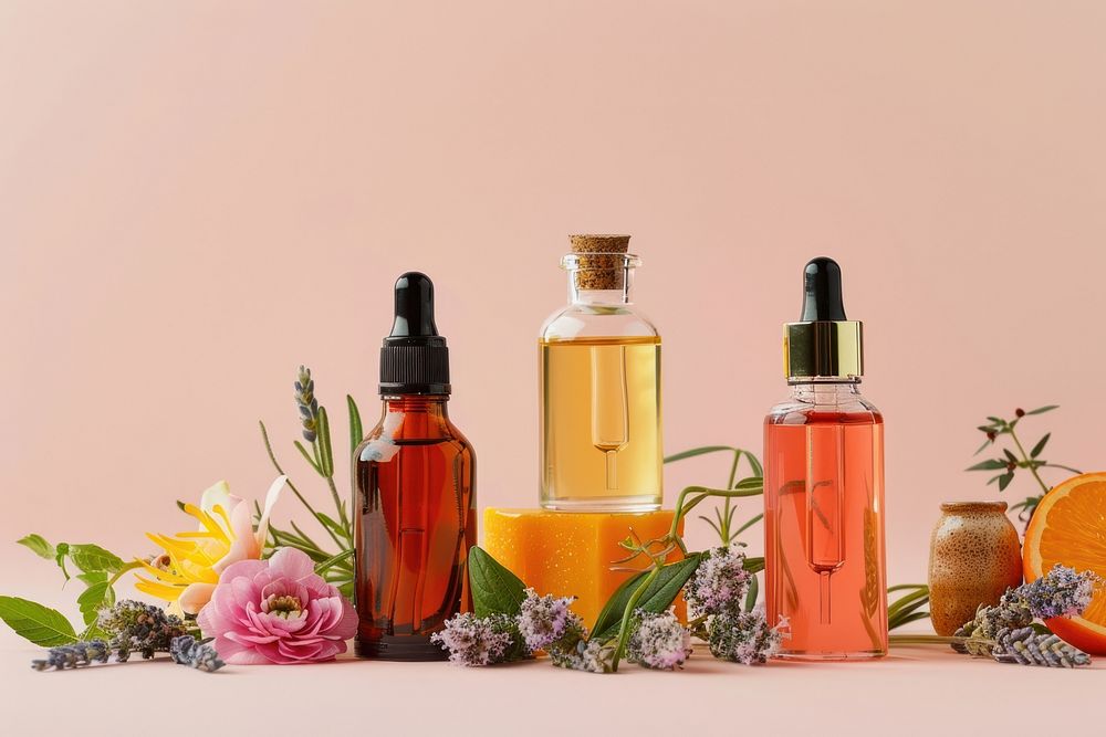 Aromatherapy ingredients cosmetics perfume bottle.