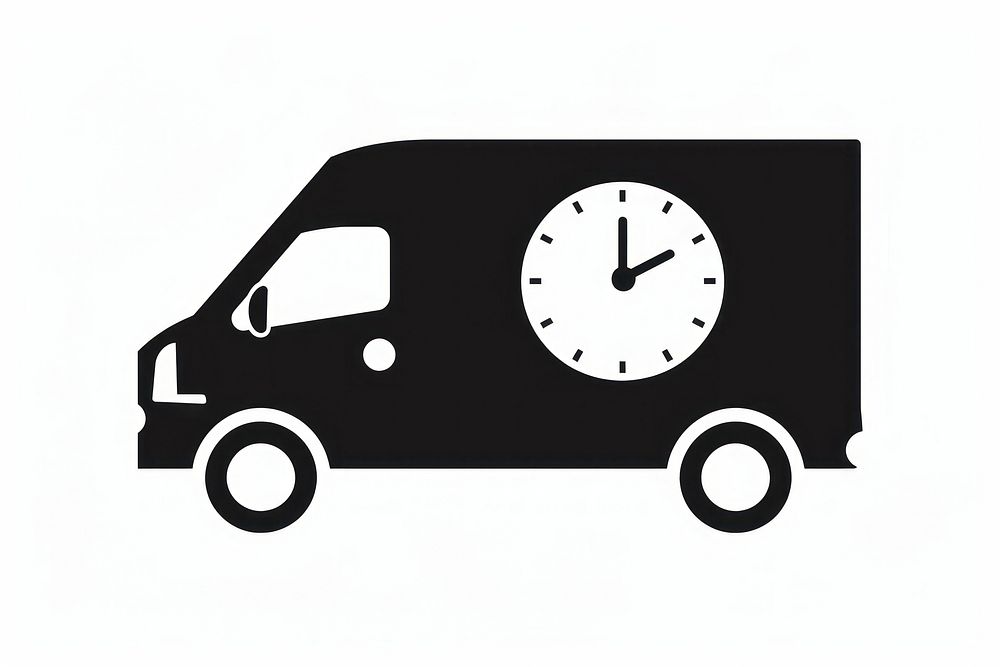 Silhouette flat vector Fast shipping delivery truck with clock icon vehicle black van.