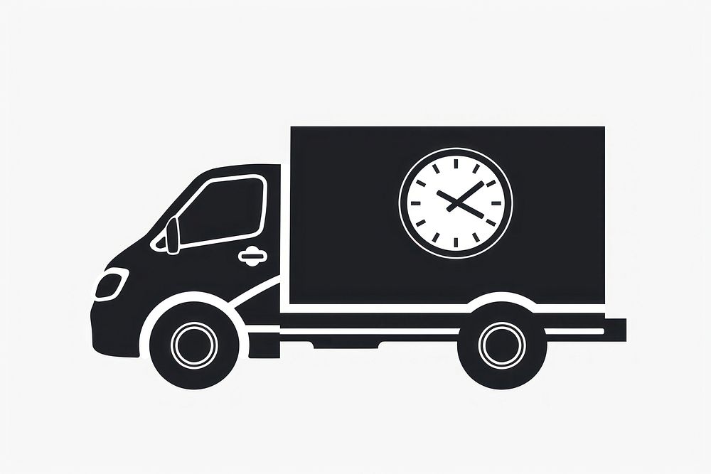 Silhouette flat vector Fast shipping delivery truck with clock icon vehicle black van.