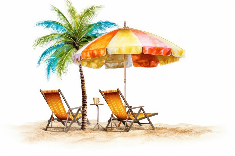Umbrella with palm trees and sand summer chair furniture.