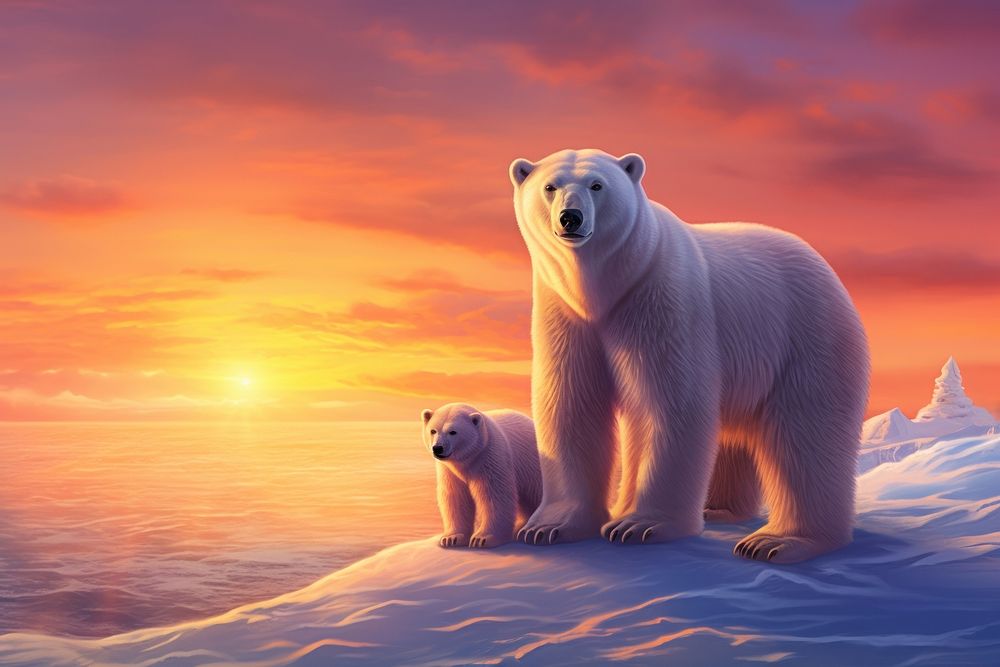 Polar bear family in Canadian Arctic sunset wildlife mammal togetherness.