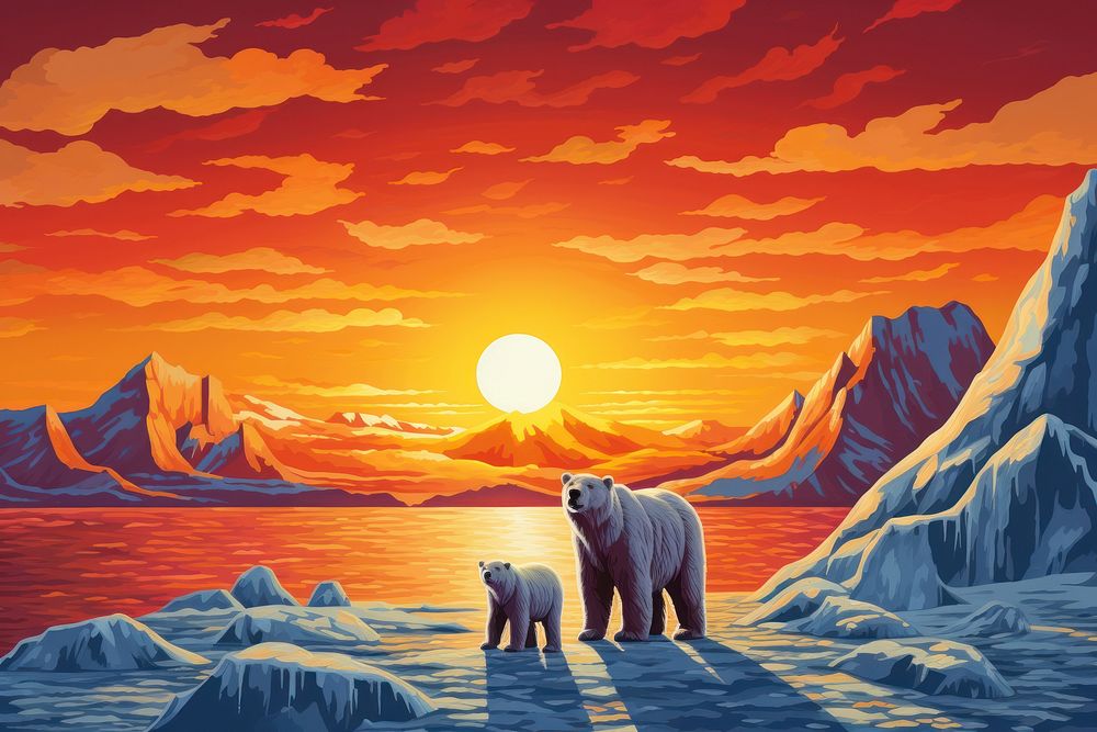 Polar bear family in Canadian Arctic sunset outdoors nature mammal.