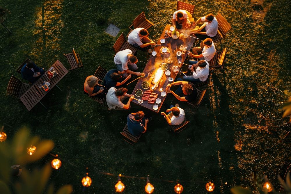 People party with BBQ grilling furniture outdoors bonfire.