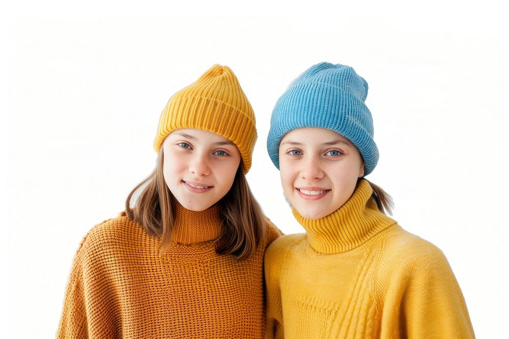 2 sisters wear beanie sweater portrait adult.