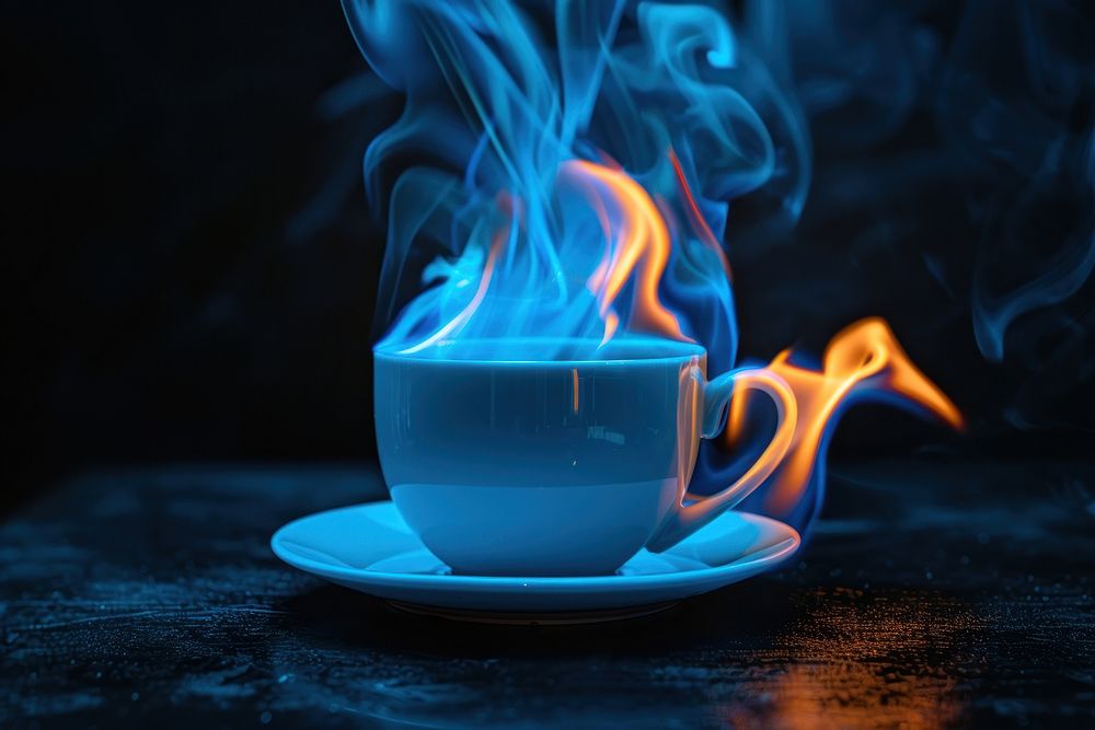 Coffee fire flame saucer drink blue.