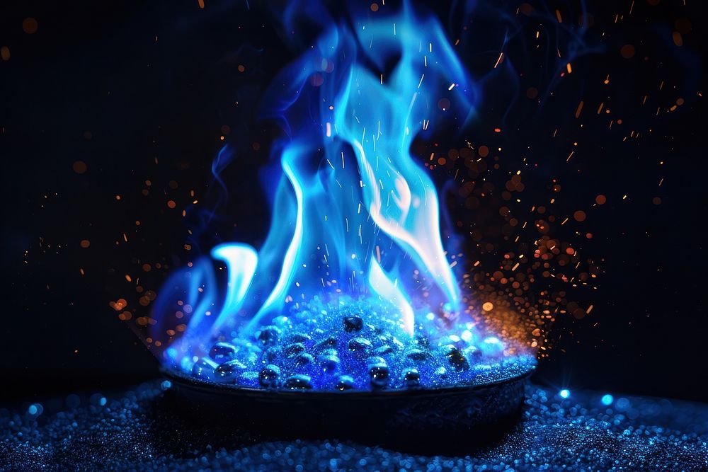 Coffee fire flame bonfire blue black background.