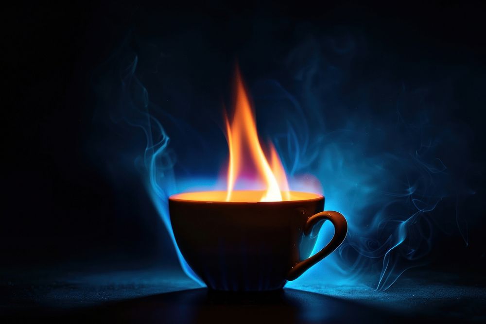 Coffee fire flame drink blue cup.