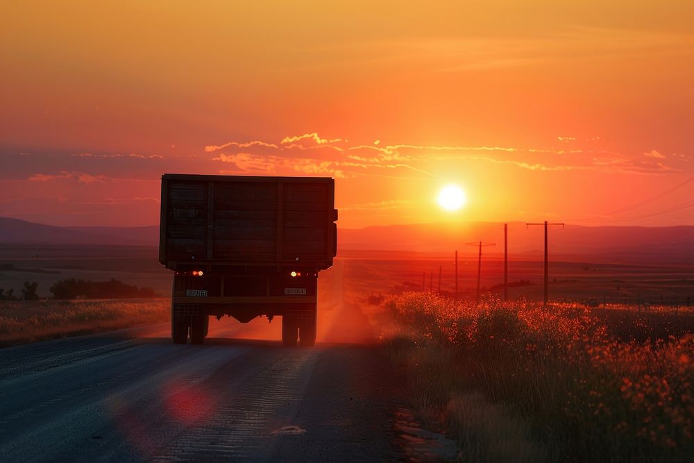 Cargo truck outdoors vehicle sunset.