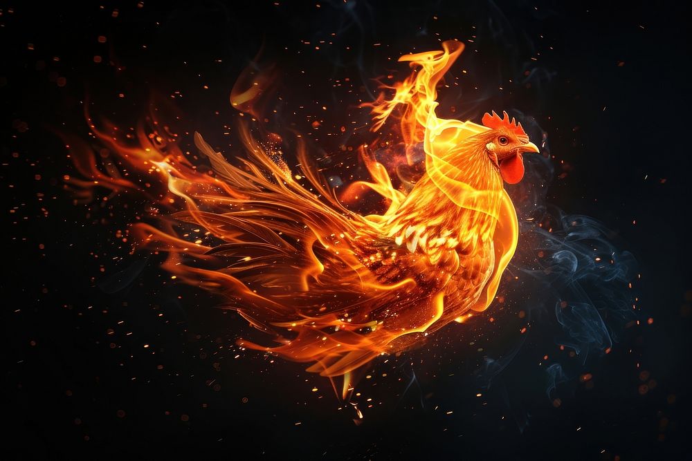 Chicken fire flame animal bird black background.