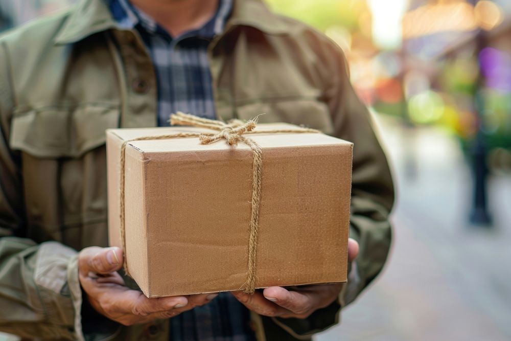 Closeup hands of delivery man holding package to deliver box cardboard adult.