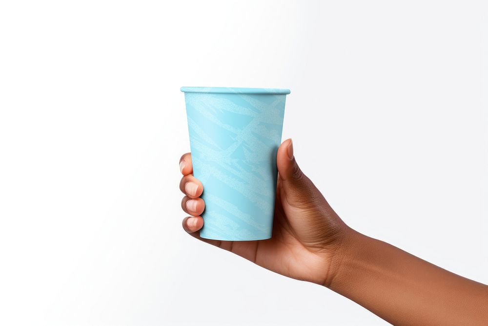 hand holding blue cup