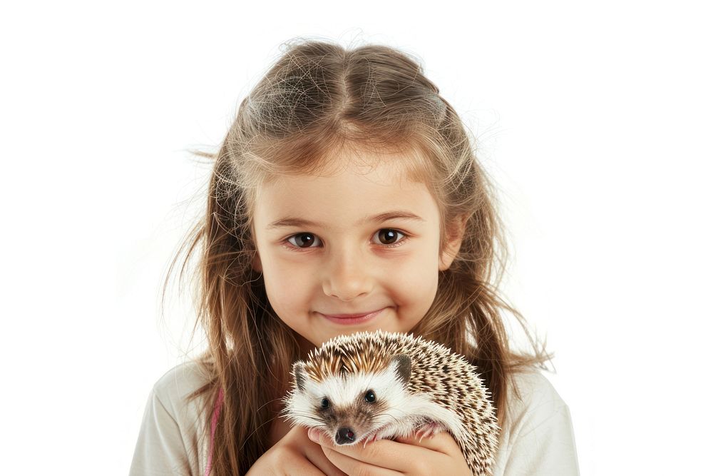 Girl holding a hedgehog animal mammal child.