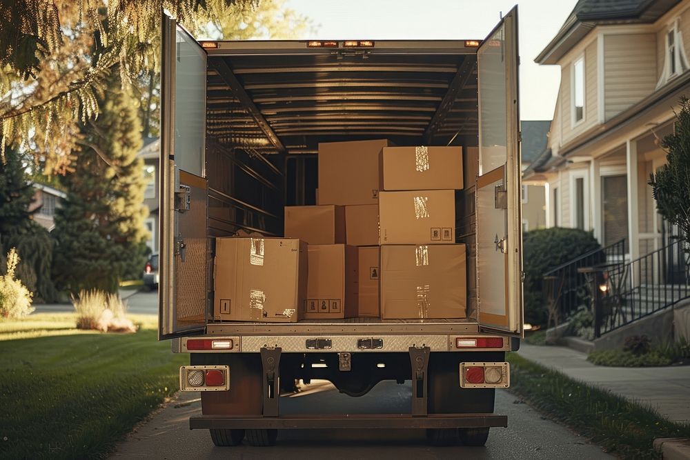 Moving truck cardboard box vehicle.