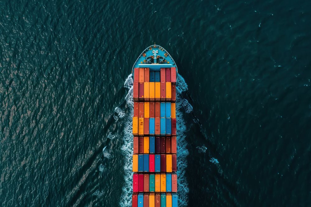 Aerial top view container cargo ship sea watercraft outdoors.