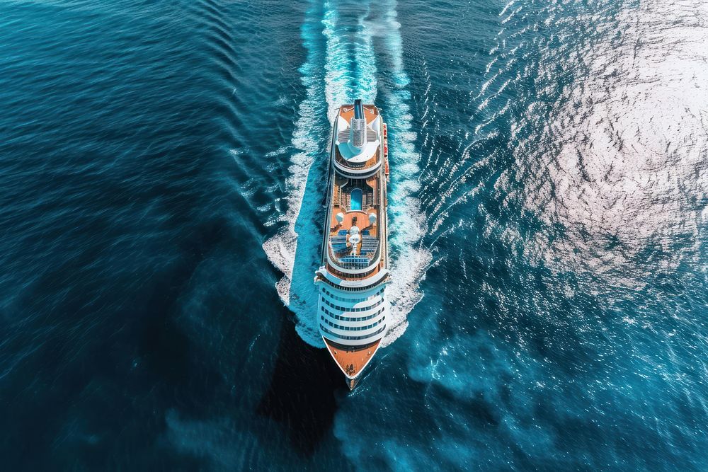 Aerial top view Cruise ship sea outdoors vehicle.