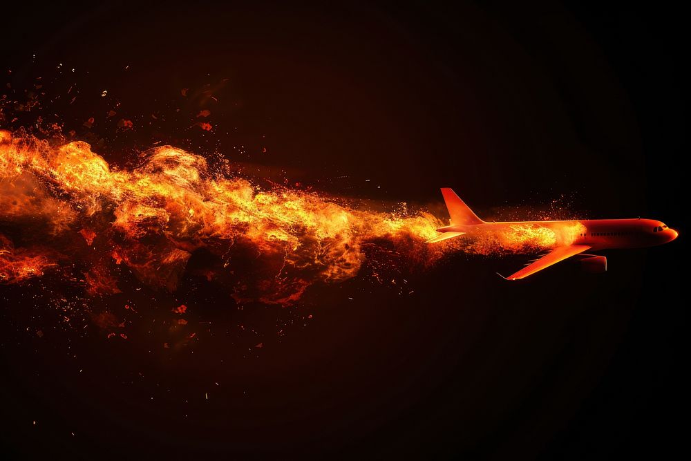 Airplane fire flame aircraft black background transportation.