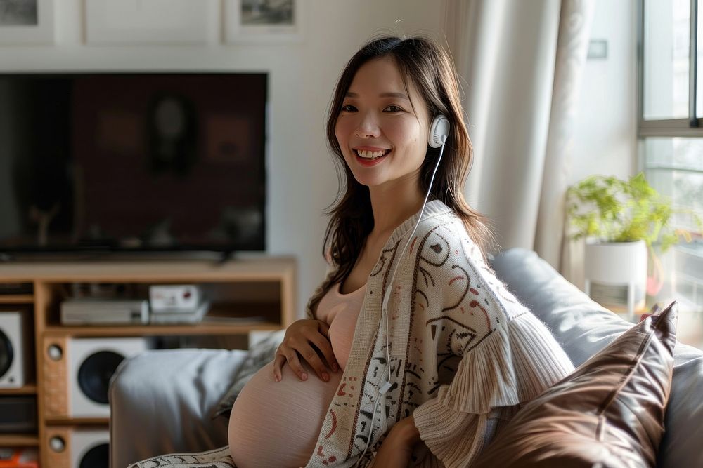 Asian pregnant woman happy anticipation living room.
