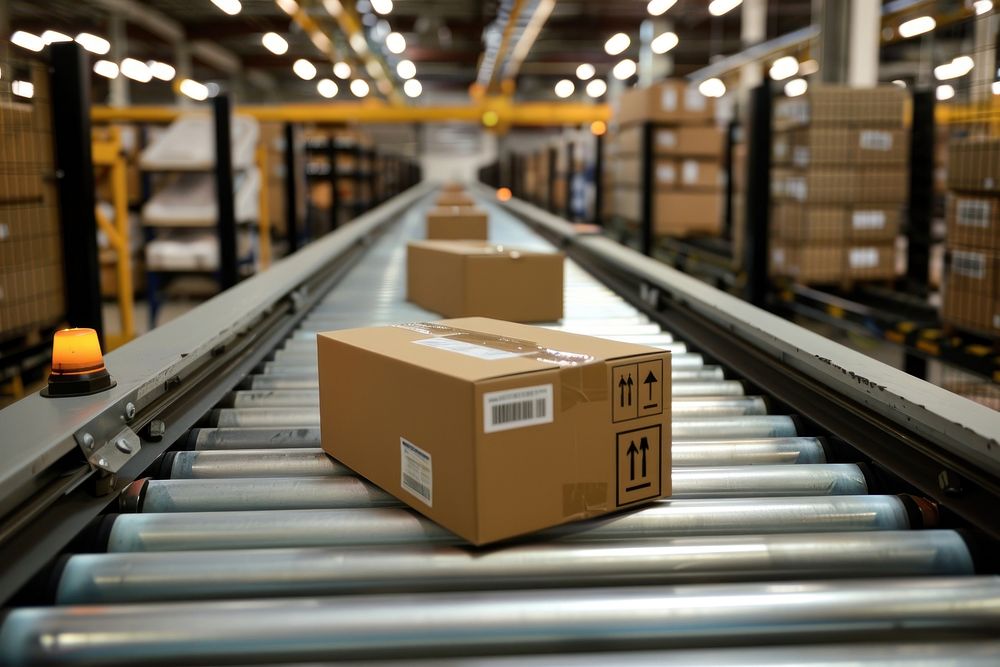 Boxes on a conveyor belt cardboard warehouse factory.