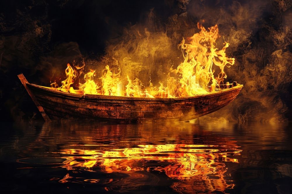 Boat fire flame outdoors bonfire illuminated.