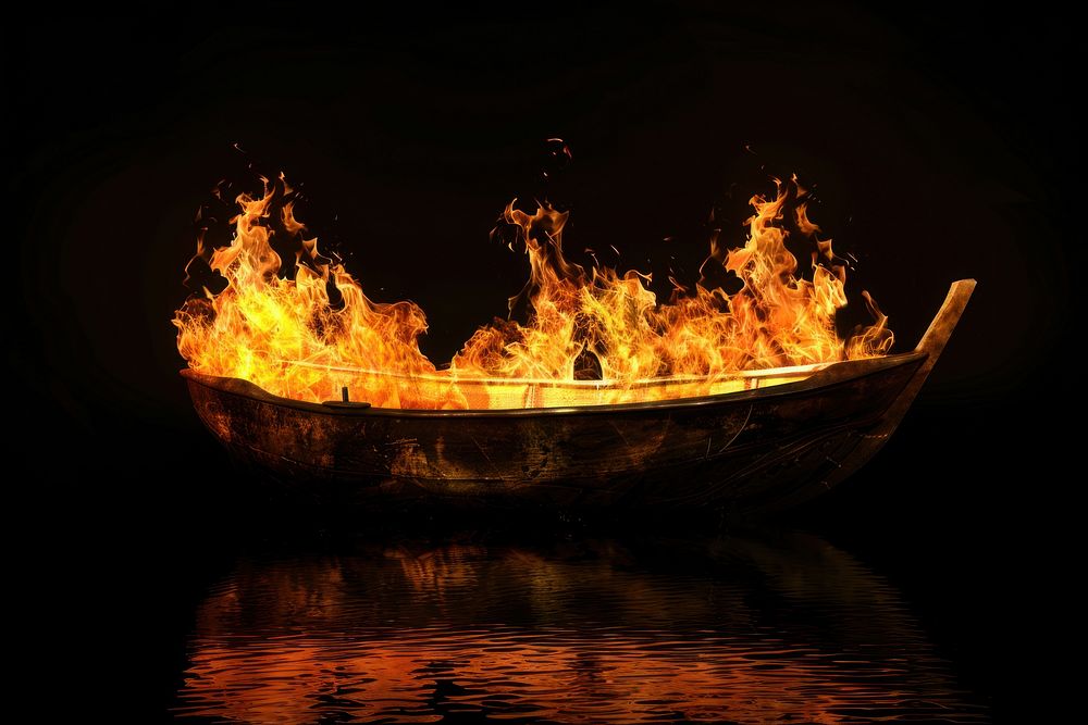 Boat fire flame bonfire vehicle black background.