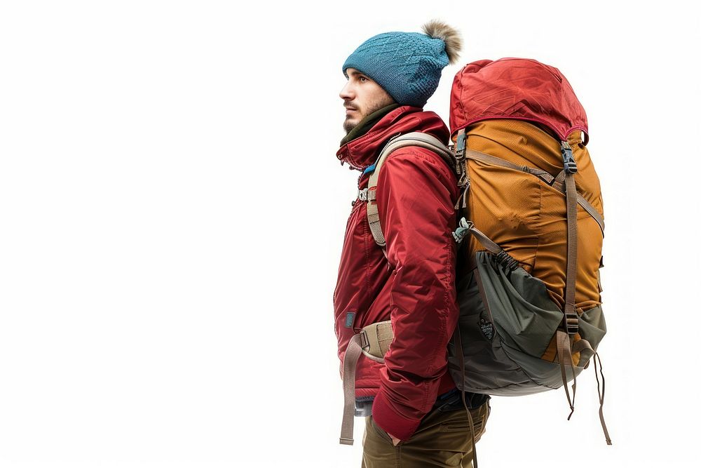 Backpacker adult white background mountaineering.