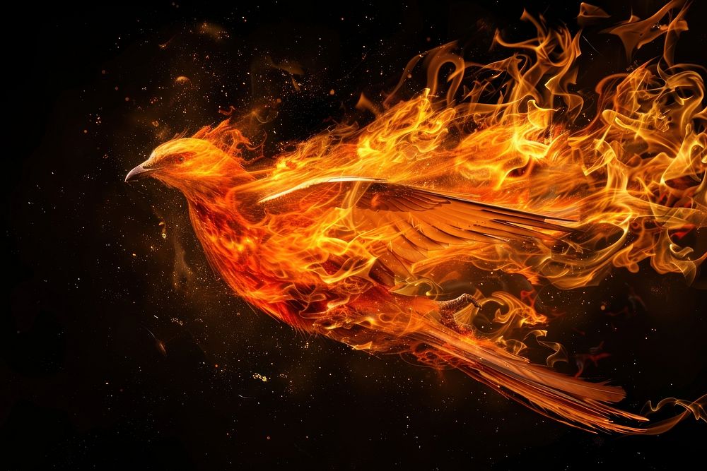 Bird fire flame black background exploding darkness.