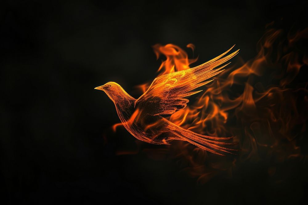Bird fire flame black black background darkness.