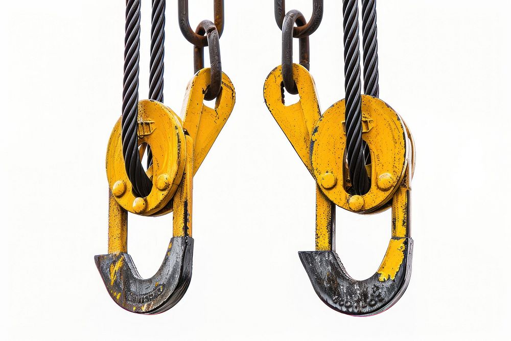 Black and yellow cranes hook hanging on steel ropes electronics hardware hydrant.