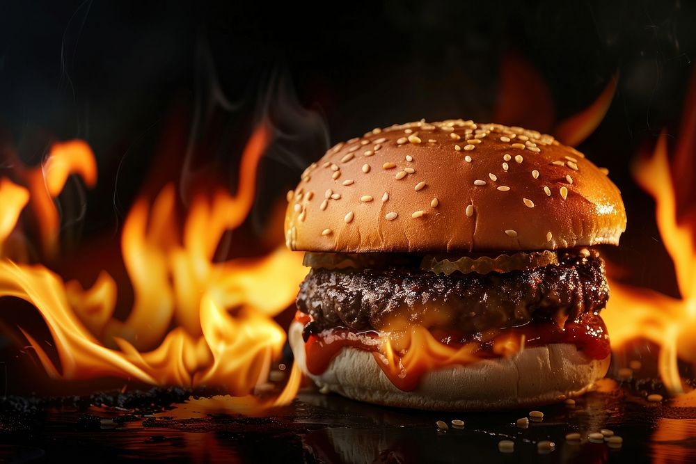 Burger fire flame food hamburger freshness.