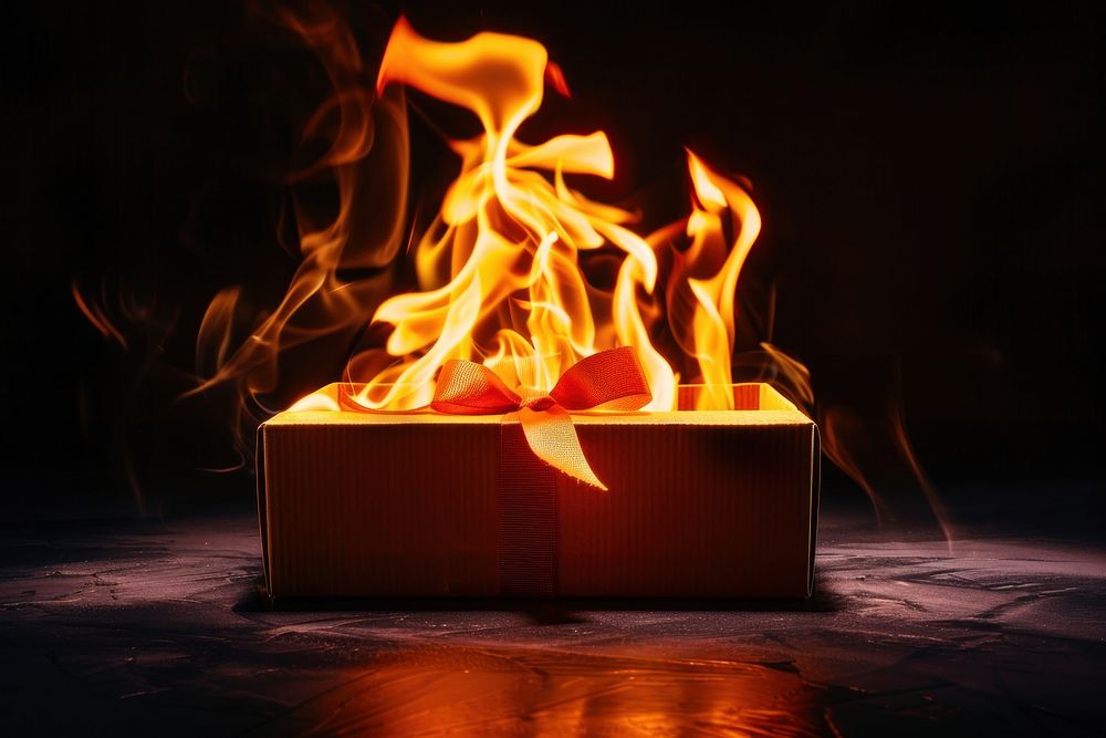 Gift box fire flame fireplace black background illuminated.