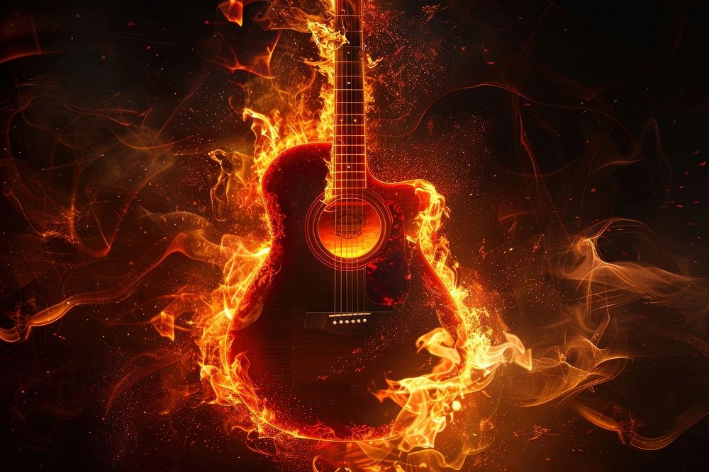 Guitar fire flame backgrounds music black background.