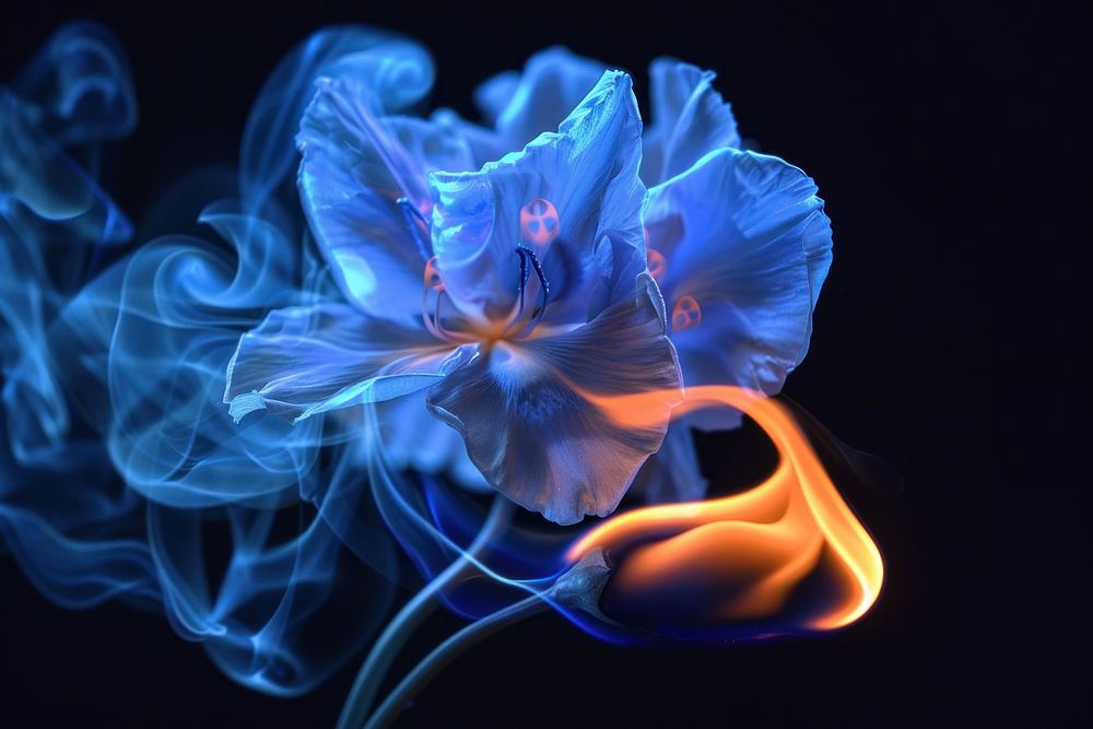 Flowers fire flame smoke blue black background.