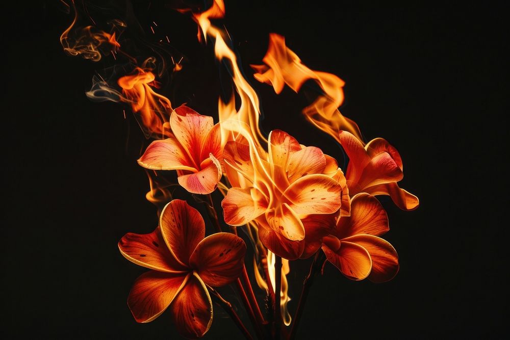 Flowers fire flame petal plant black background.