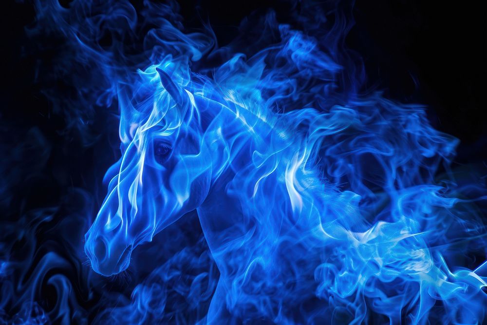 Horse fire flame blue backgrounds black background.