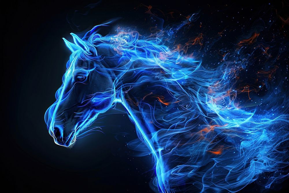 Horse fire flame blue black background illuminated.