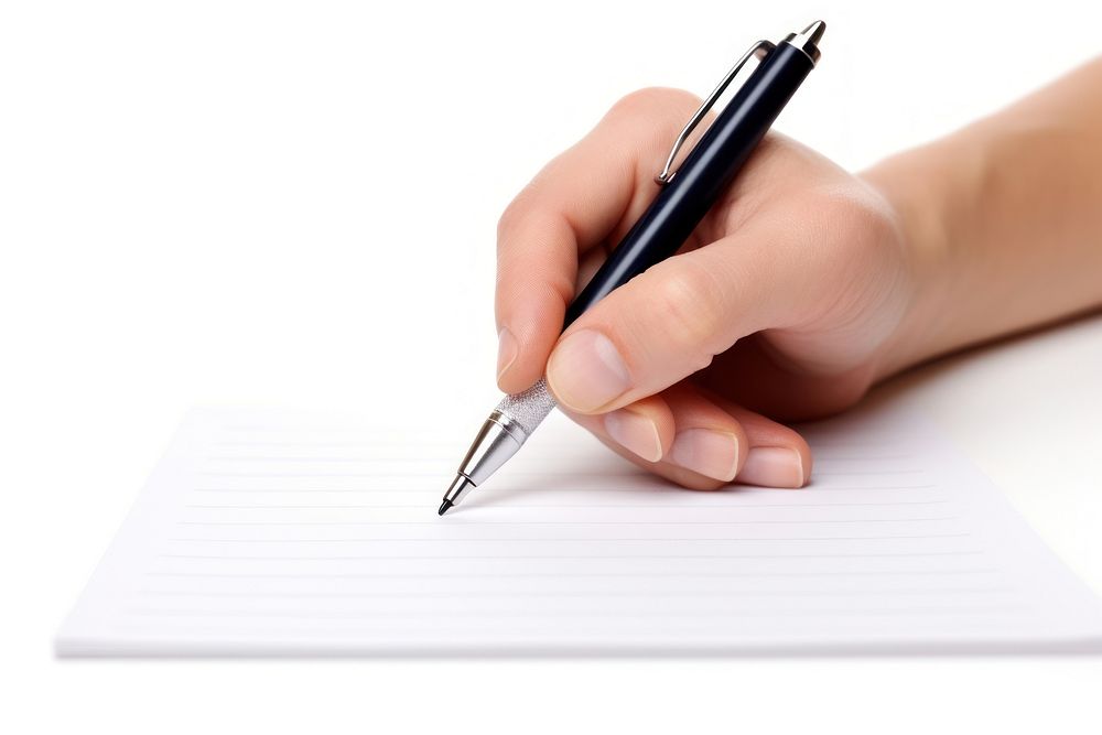 Hand holding a pen writing white background correspondence handwriting.