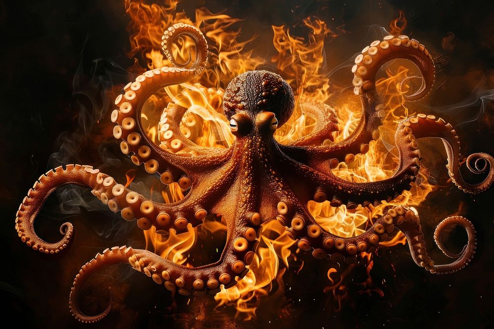 Octopus fire flame animal black background invertebrate.