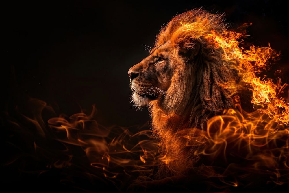 Lion fire flame mammal animal black background.