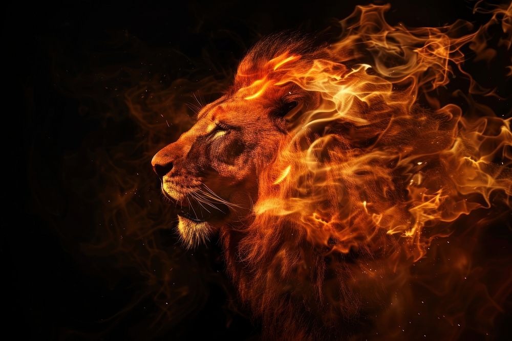 Lion fire flame mammal black background carnivora.