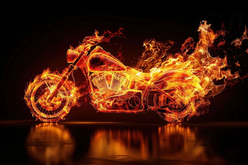 Motorcycle fire flame vehicle black background transportation.